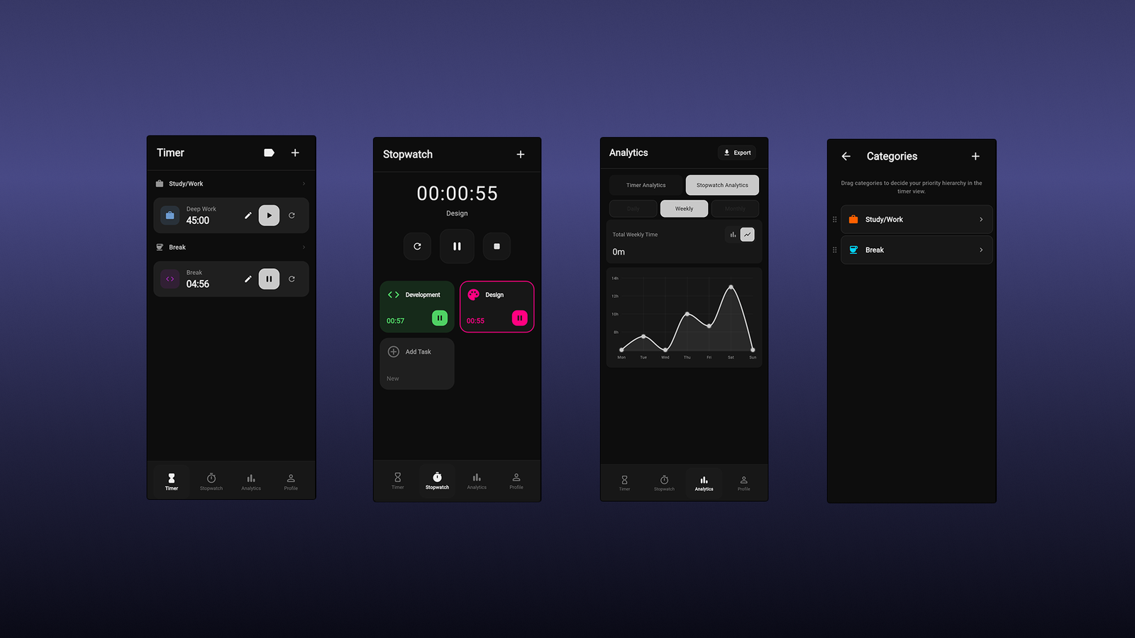 final four shipped screens, dark with neon accents